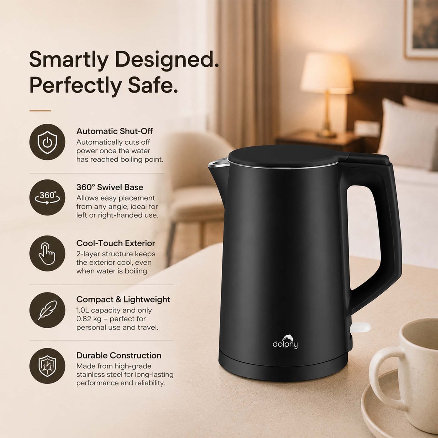 1.0L Black Stainless Steel Kettle