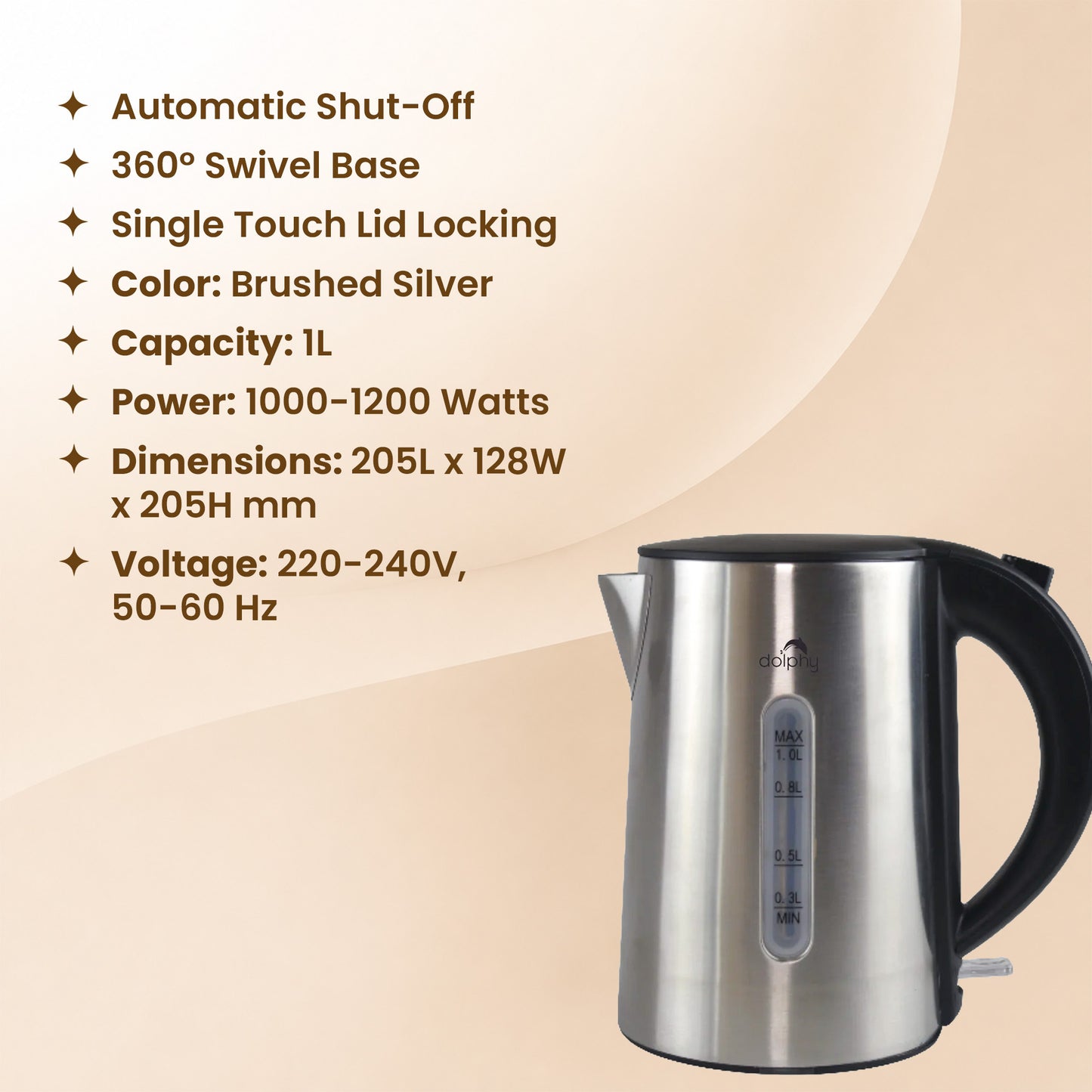 1.0L Brushed Silver Stainless Steel Kettle