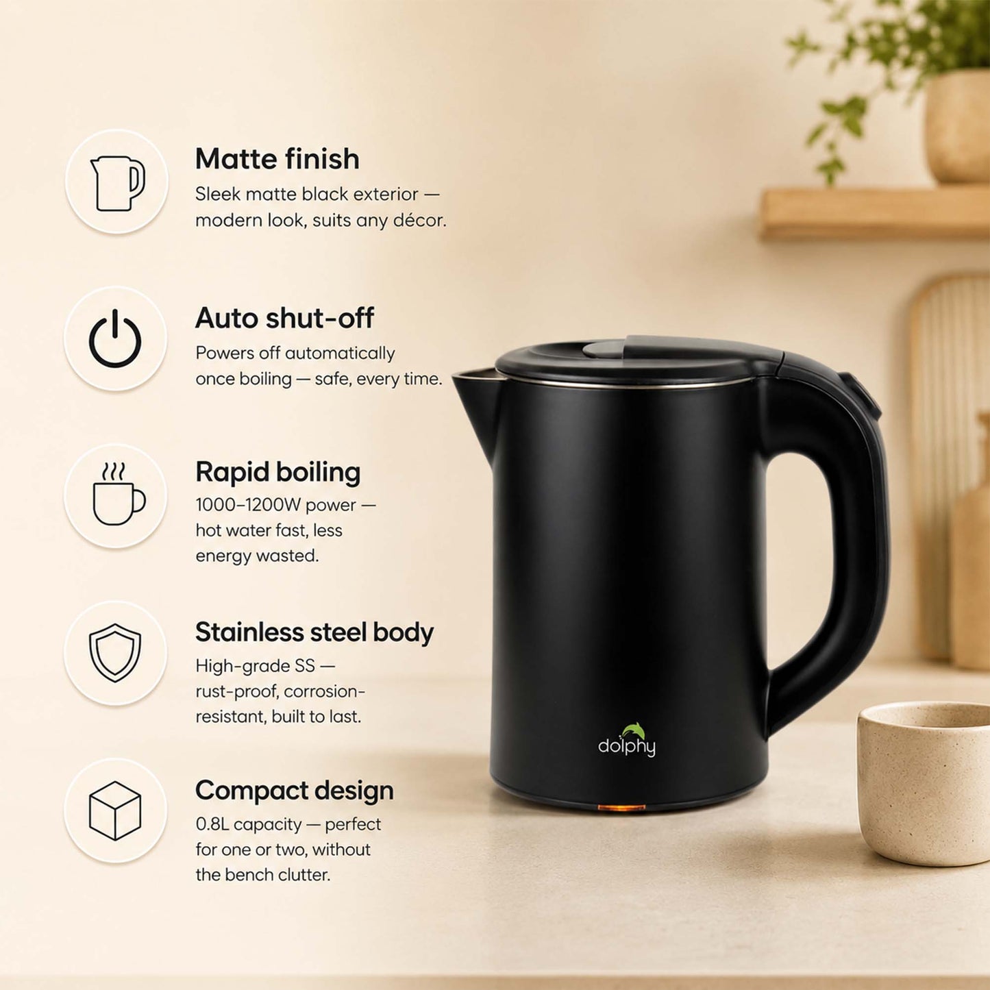 0.8L Stainless Steel Electric Kettle Black