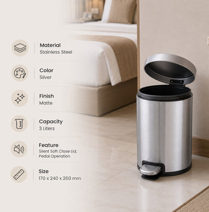 Round Soft Closing Stainless Steel PEDAL Bin- 3L