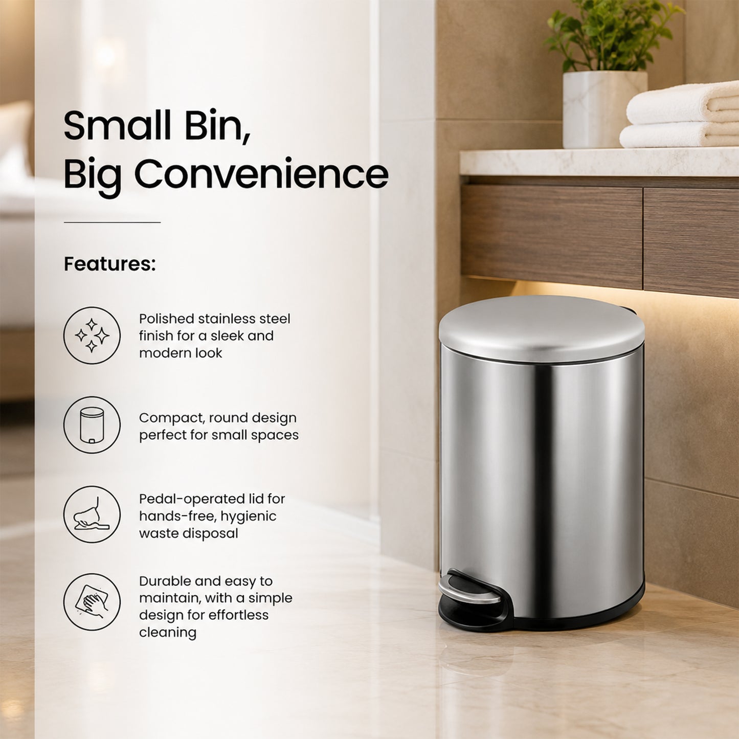 Round Soft Closing Stainless Steel  Pedal Bin -3L