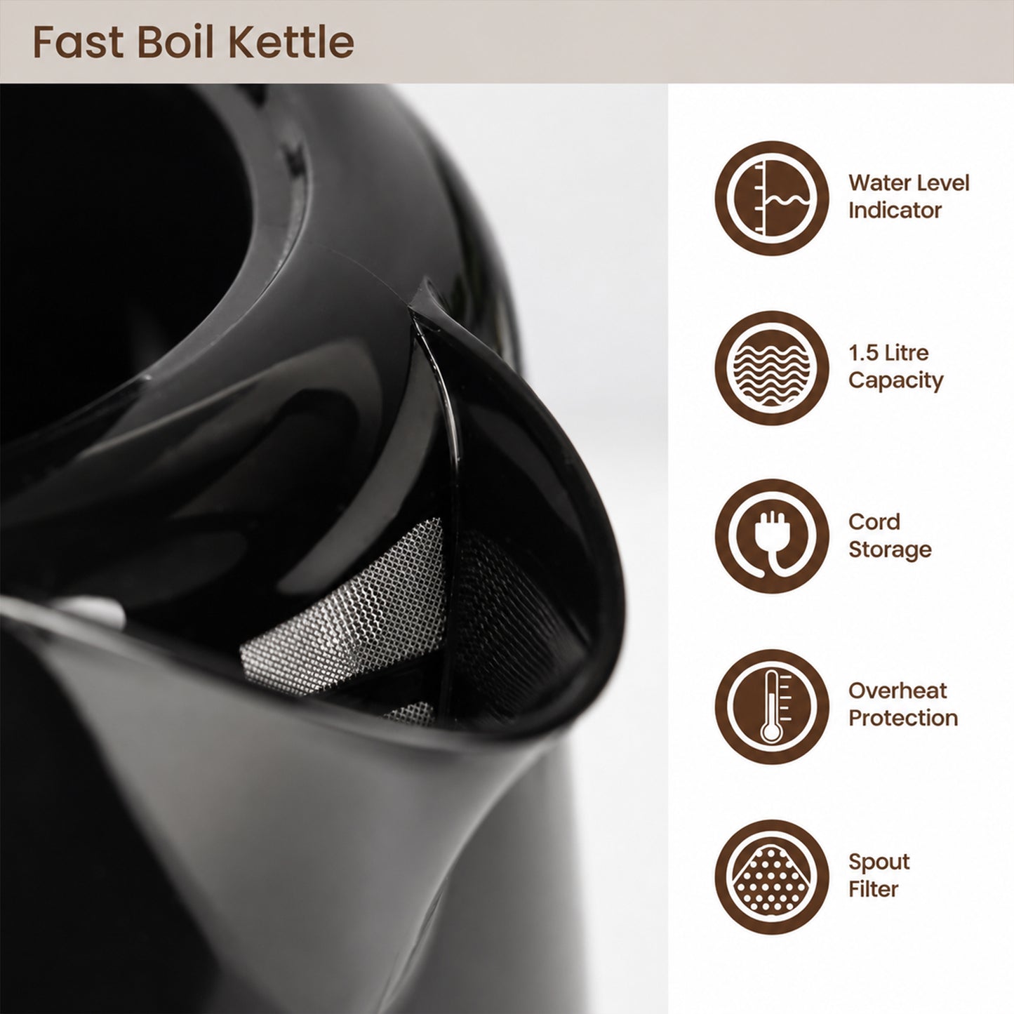1L Black Electric Kettle High Grade ABS Material