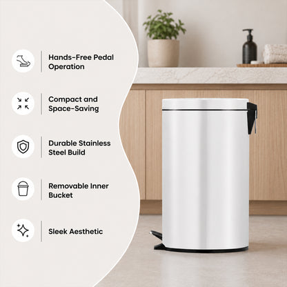 5L Round Stainless Steel Pedal Bin - White