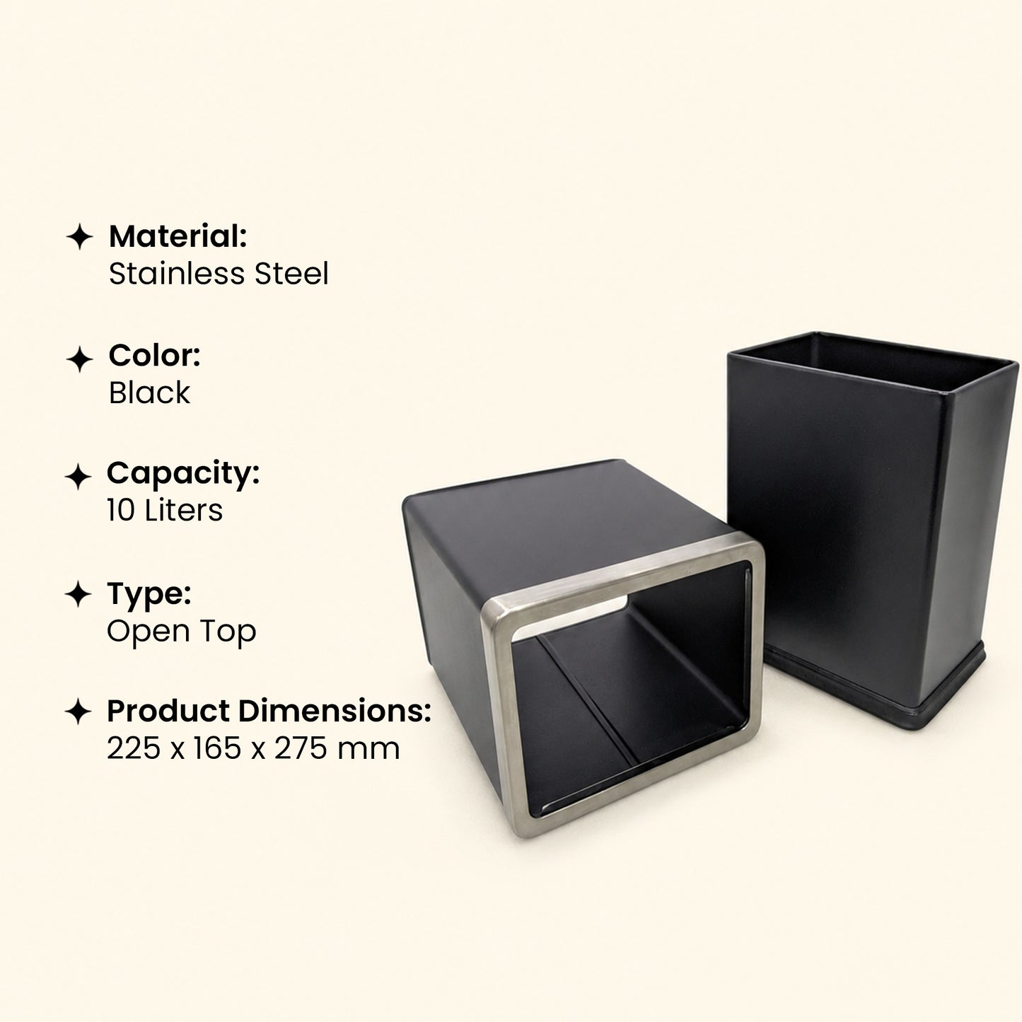 10 L Black Stainless Steel Dustbin