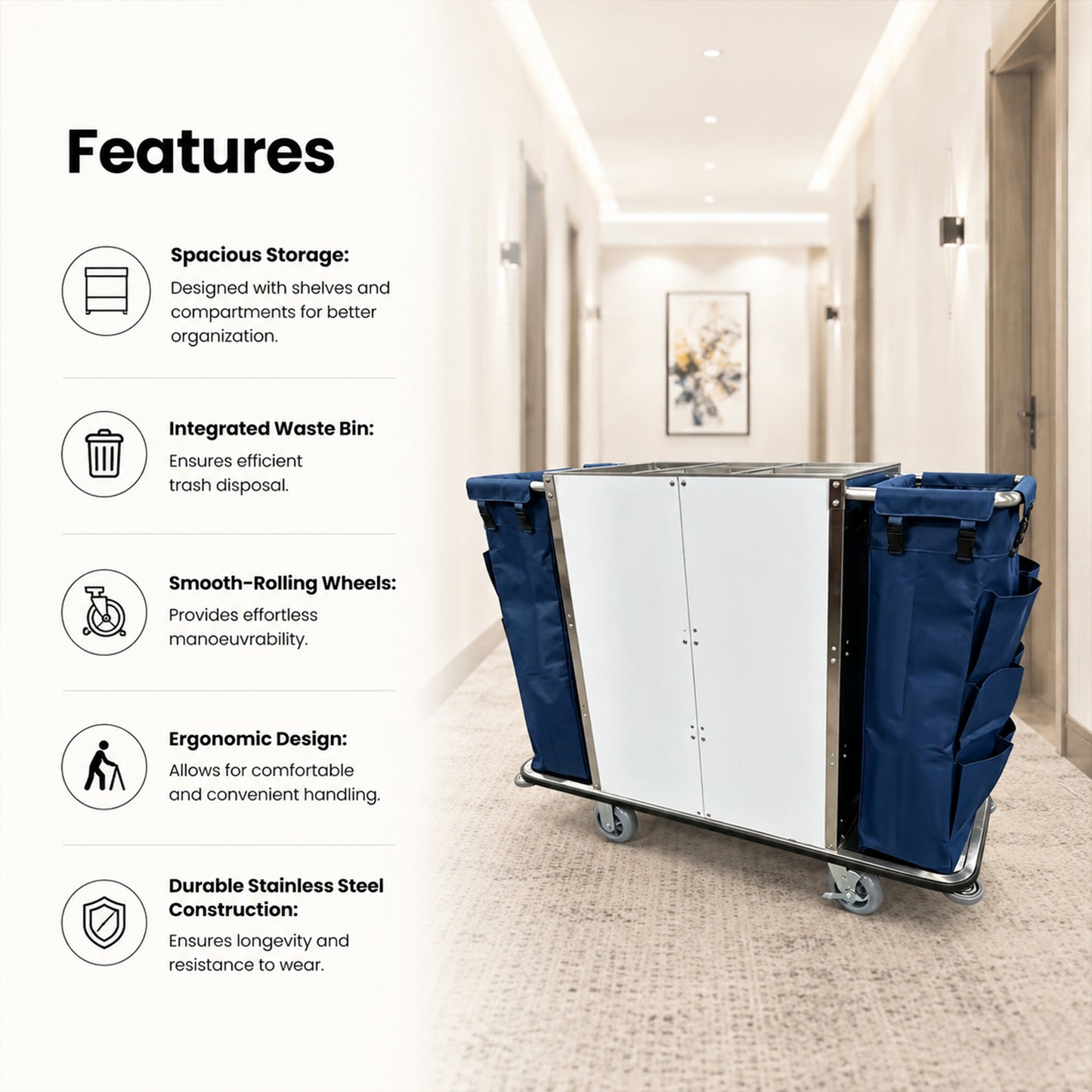 Gray Housekeeping Trolley Cart With Waste Bin