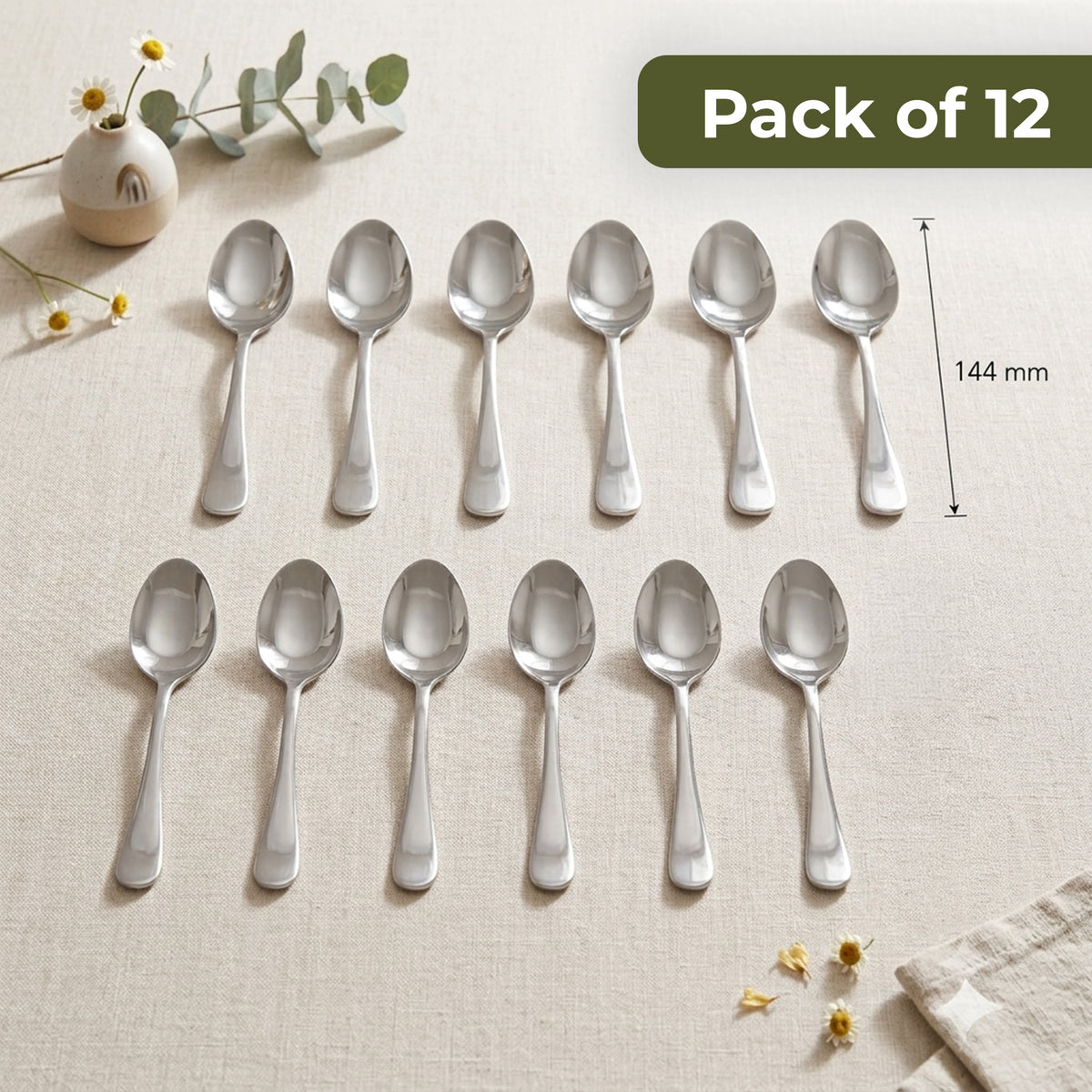 Dolphy Augusta Stainless Steel Tea Spoon 144mm – 18/0 Grade (Pack of 12)