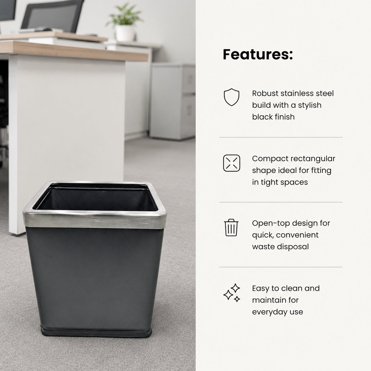 10 L Black Stainless Steel Dustbin