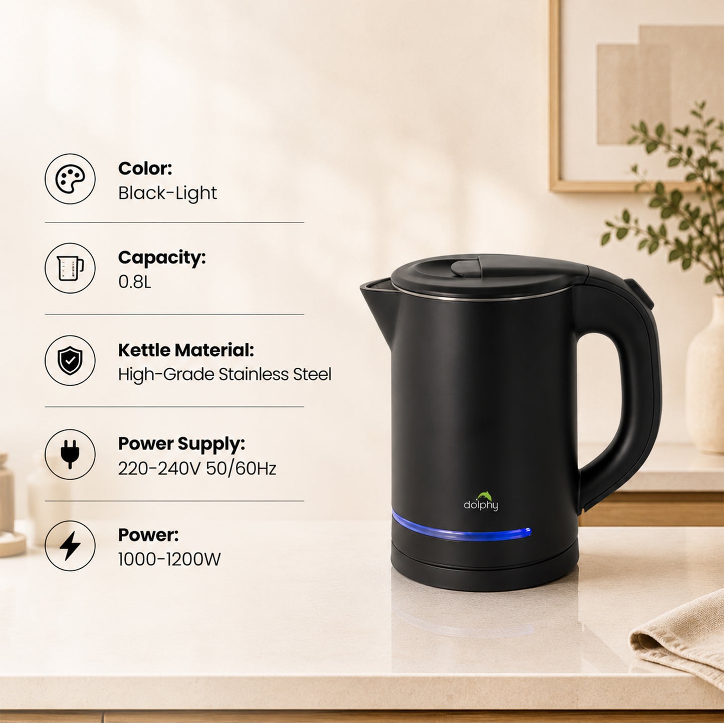 0.8L Electric Kettle Matt Black With Light Design