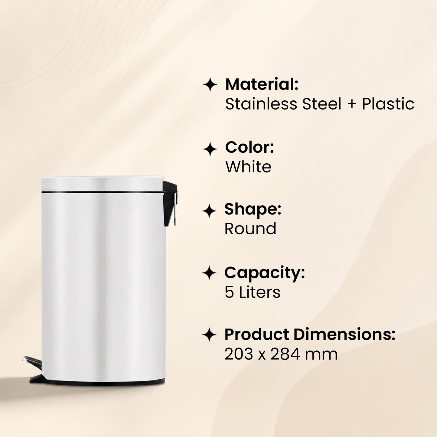 5L Round Stainless Steel Pedal Bin - White