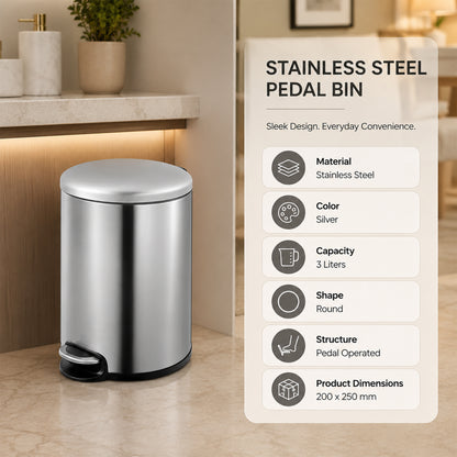 Round Soft Closing Stainless Steel  Pedal Bin -3L