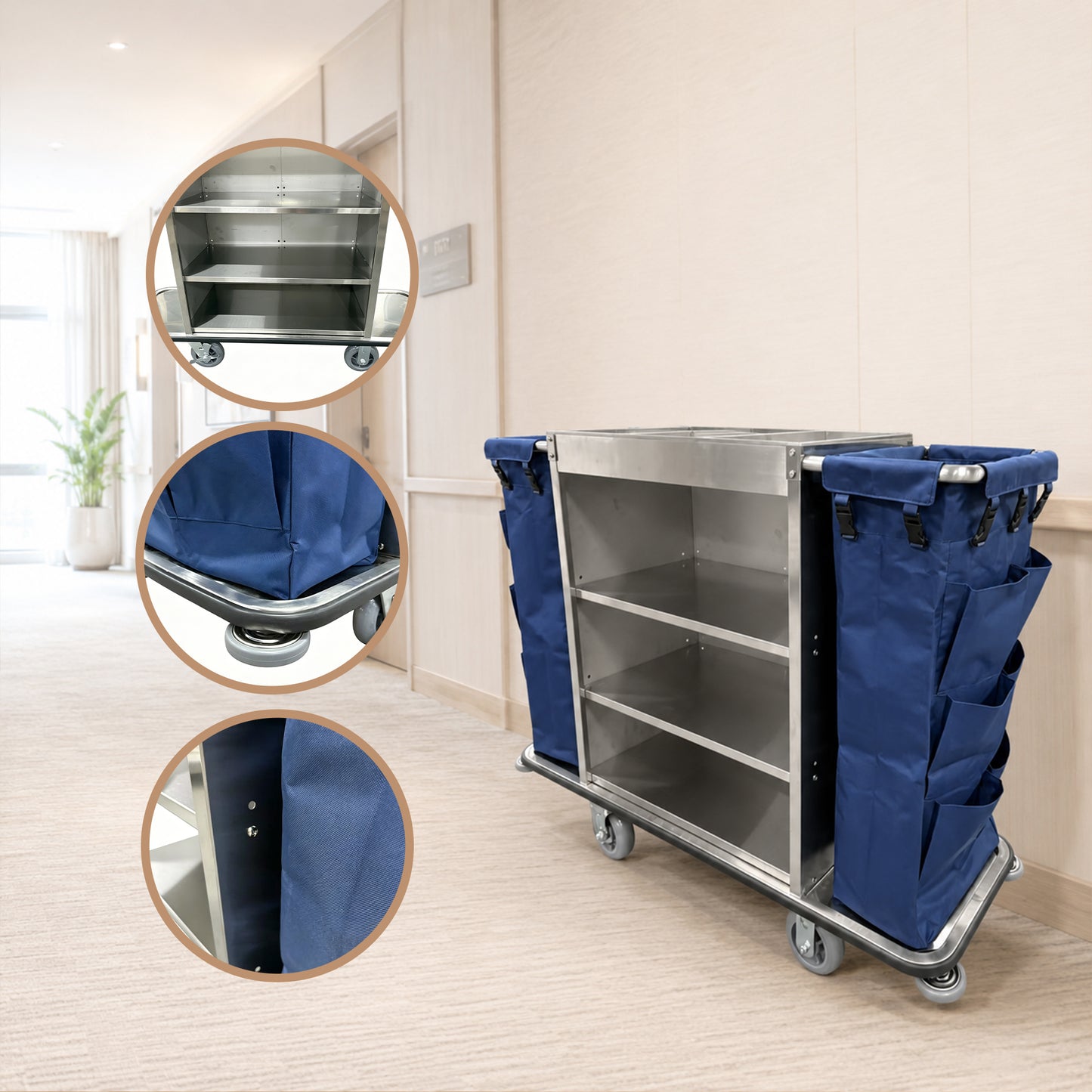 Gray Housekeeping Trolley Cart With Waste Bin