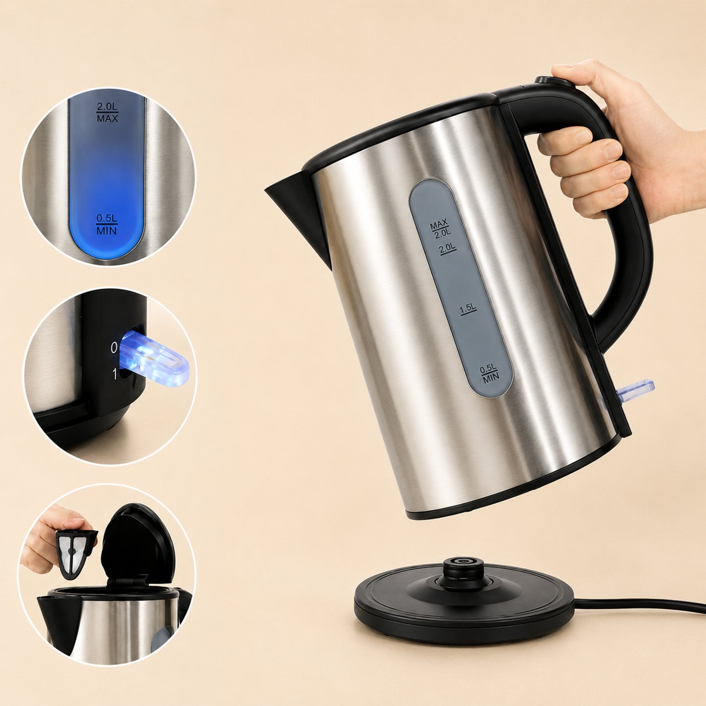 1.0L Brushed Silver Stainless Steel Kettle