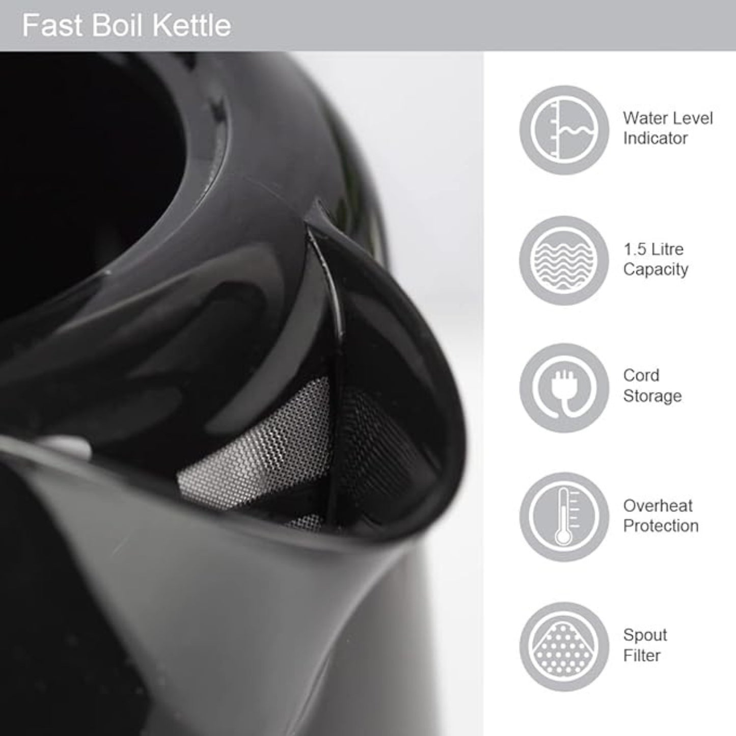1L Black Electric Kettle High Grade ABS Material
