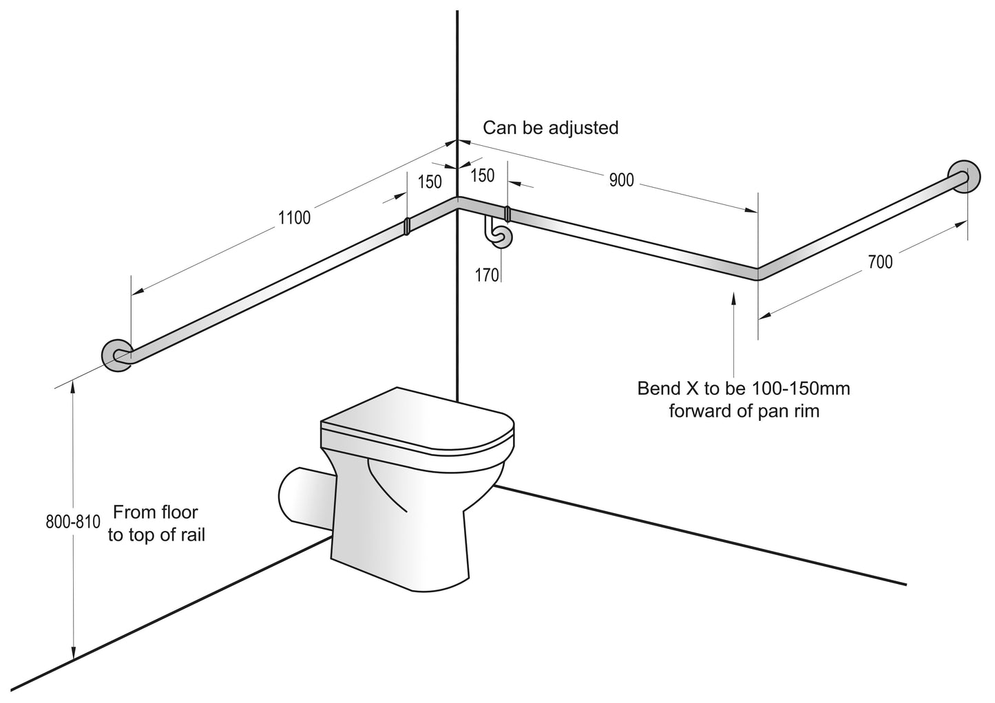 30°Flush Mount Grab Bar 1100x900x700mm LH