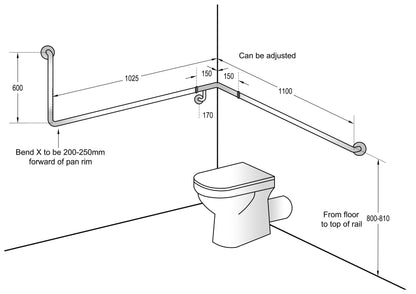 90°Flush Mount Grab Bar 1100x1025x600mm RH