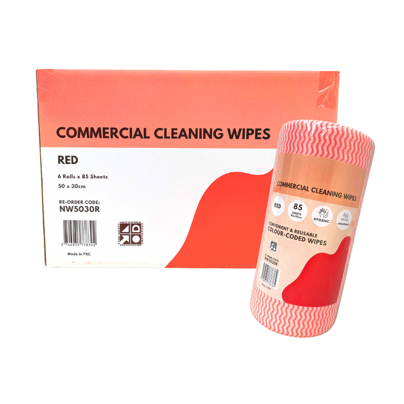 Red Cleaning Wipes Roll – Heavy Duty Food Safe (50cm x 30cm, 85 Sheets, Carton of 6)