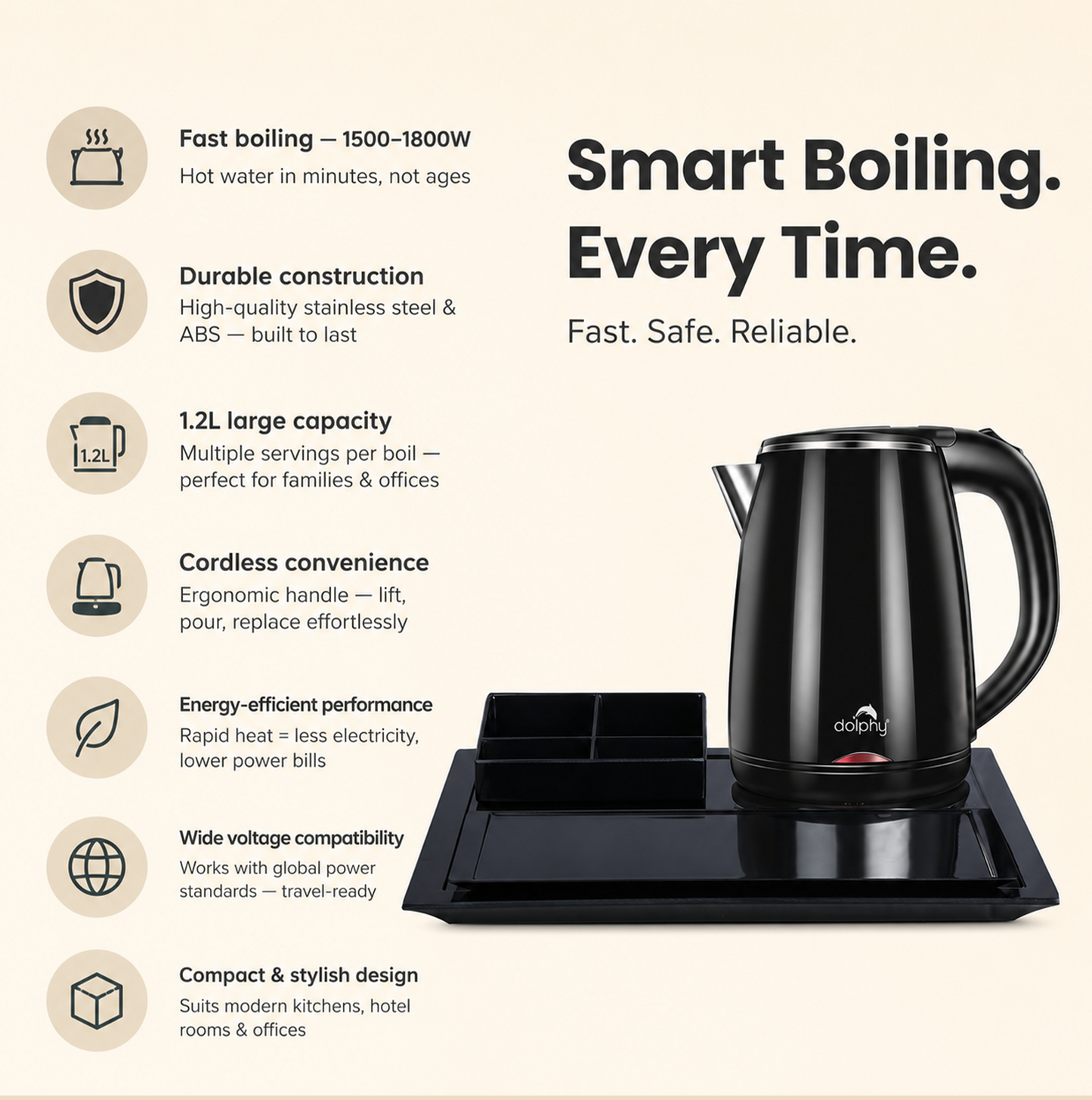 1.2L Black 1800W Electric Kettle For Hot Water